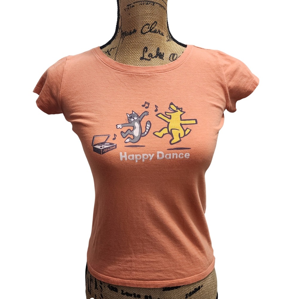 Life is Good Girls Happy Dance Cat Dog Tee Coral‎ Orange Size G L G